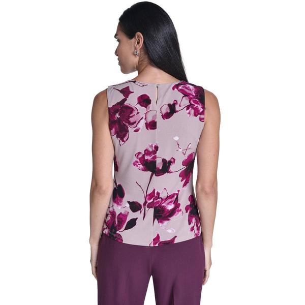 Petite Calvin Klein Sleeveless Pleat Neck Floral Blouse