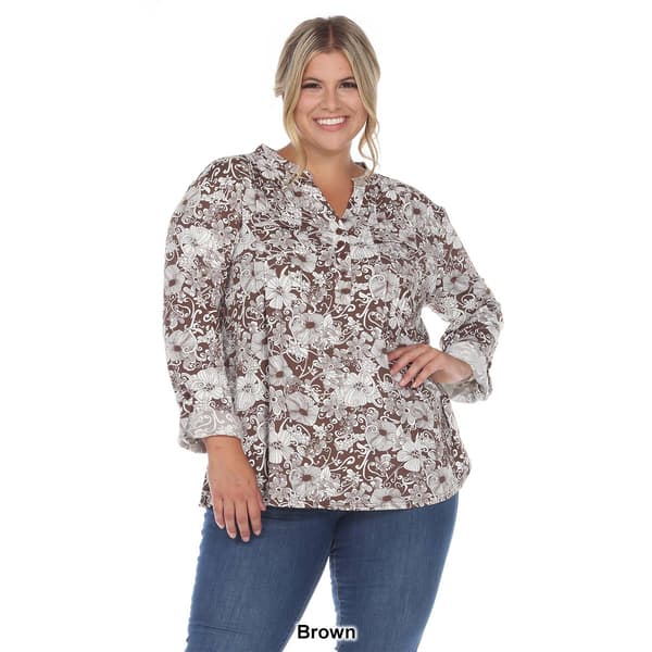 Plus Size White Mark Pleated Long Sleeve Floral Blouse