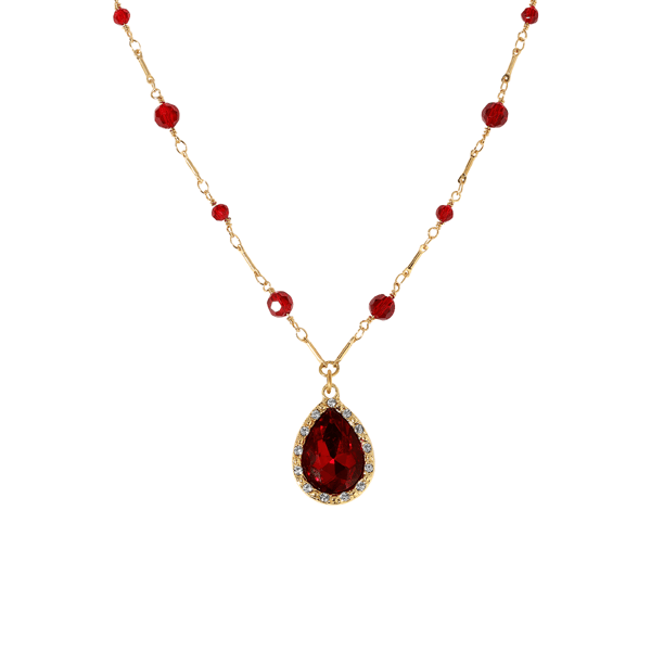 1928 Gold-Tone Beaded Siam Red Teardrop Pendant
