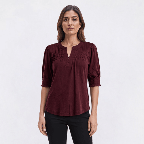 Petite Democracy Elbow Sleeve Solid Pintuck Blouse