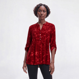 Womens Notations 3/4 Sleeve Tie Dye Pleated Henley Blouse