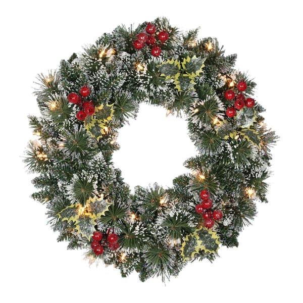 Puleo International 24in. Pre-Lit Snowy Silverton Pine Wreath