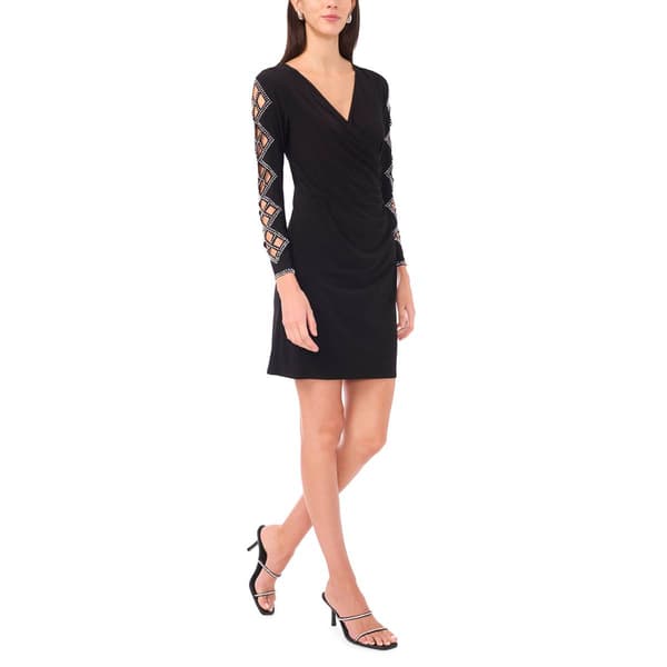 Womens MSK Cutout Long Sleeve Rhinestone Surplice A-Line Dress