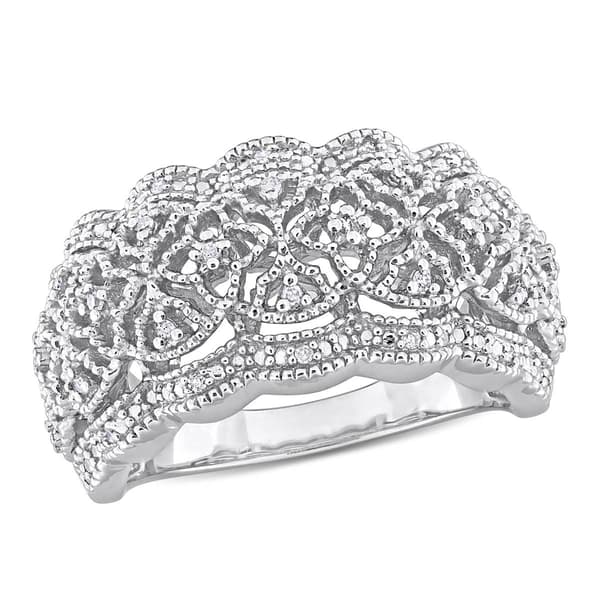 Sterling Silver 1/10ctw. Diamond Wide Band Vintage Ring - image 