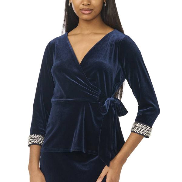 Womens MSK 3/4 Rhinestone Sleeve Velvet Faux Wrap Blouse