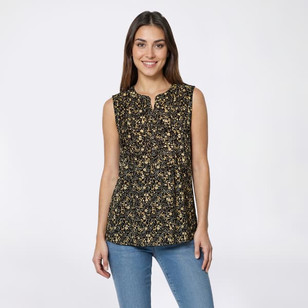 Petite Napa Valley Sleeveless Ditsy Floral Pleat Henley Blouse - image 