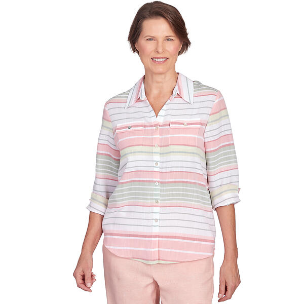 Womens Alfred Dunner English Garden Stripe Button Down Top - image 