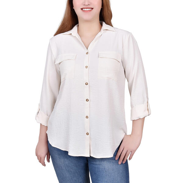 Womens NY Collection 3/4 Roll Sleeve Airflow Casual Button Down - image 
