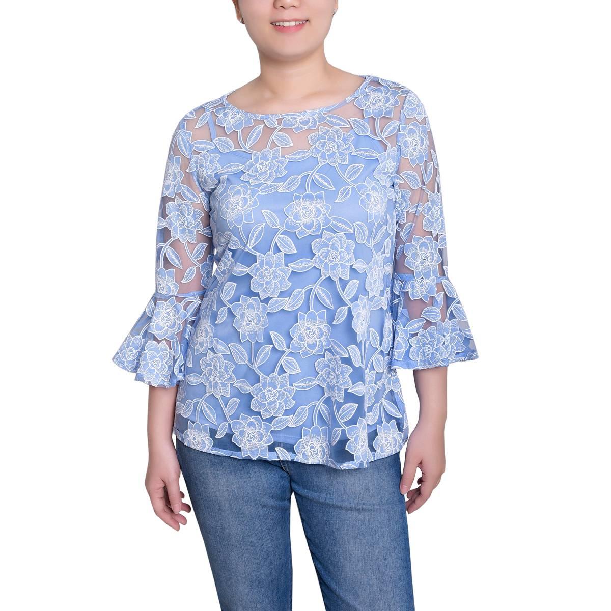 Petite NY Collection 3/4 Bell Sleeve Floral Blouse