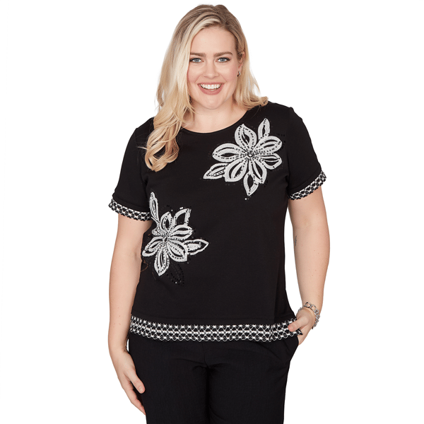 Womens Alfred Dunner Crowd Pleaser Flower Sequin Lace Border Tee