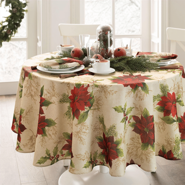 Threadmade Festive Poinsettia Holiday Fabric Tablecloth