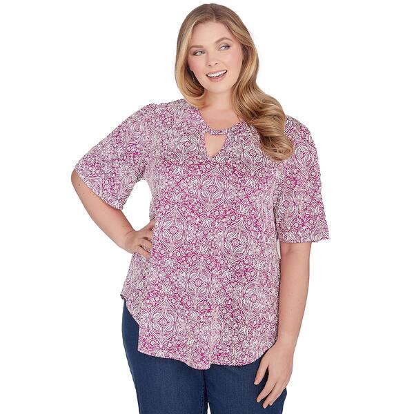 Plus Size Ruby Rd. Global Luxe Knit Medallion Puff Print Top - image 