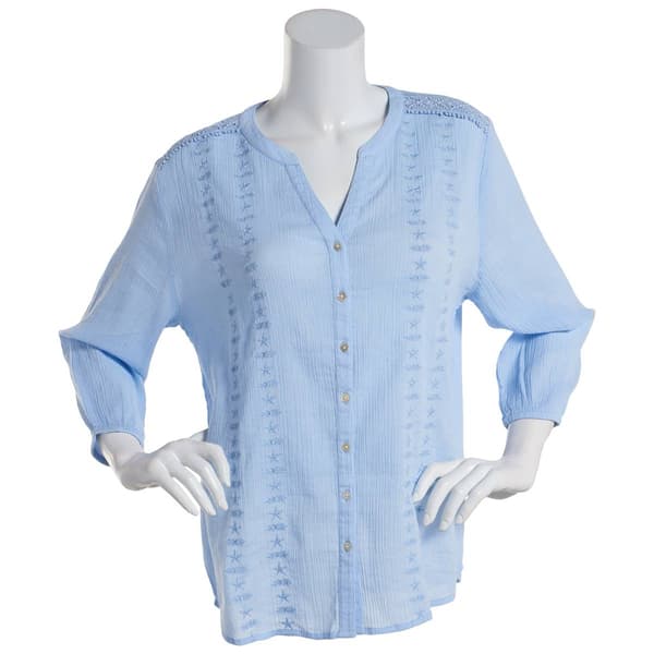 Plus Size Preswick &amp; Moore 3/4 Sleeve Embroidered Gauze Blouse - image 