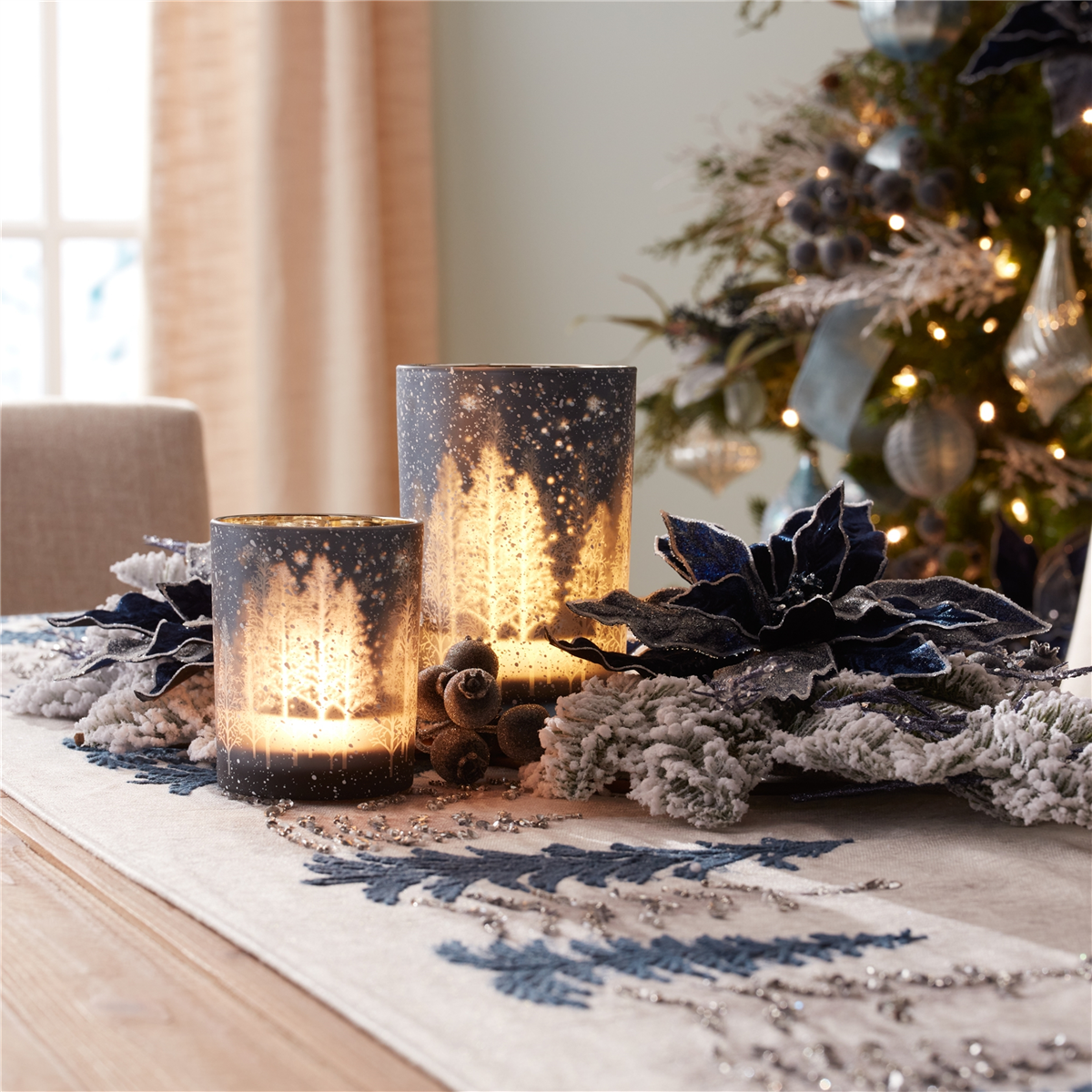 Melrose Navy Pine Tree Glass Candle Holder - Set of 2