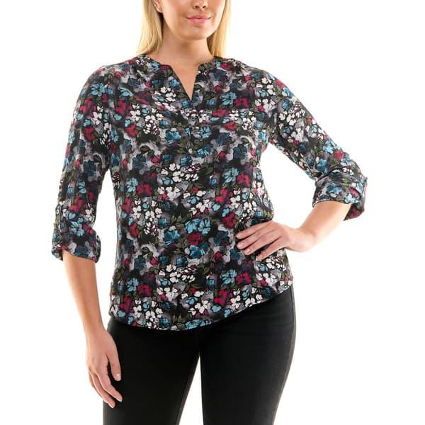 Plus Size Zac & Rachel 3/4 Roll Tab Sleeve Y-Neck Print Blouse - image 