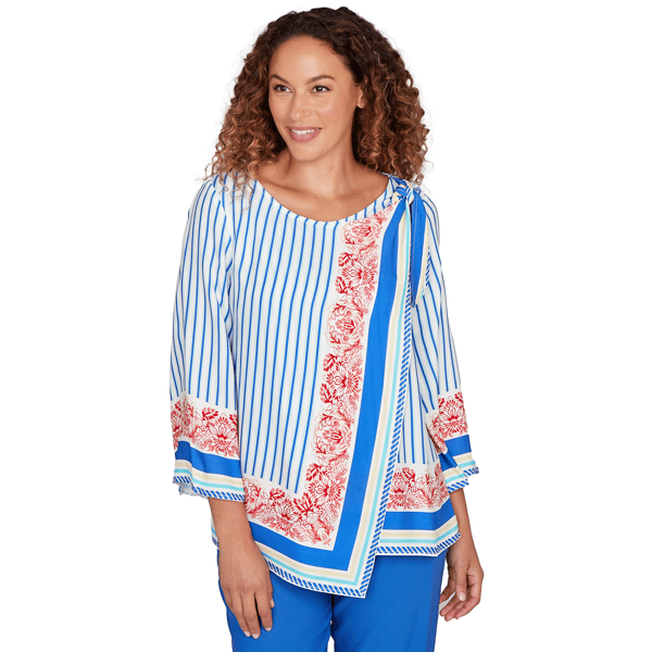 Plus Size Ruby Rd. Set Sail Striped Scarf Print Tie Shoulder Top - image 