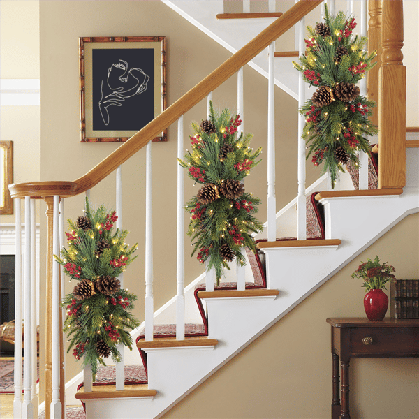 Puleo International Pre-Lit Adorned Banister Swag with Pinecones