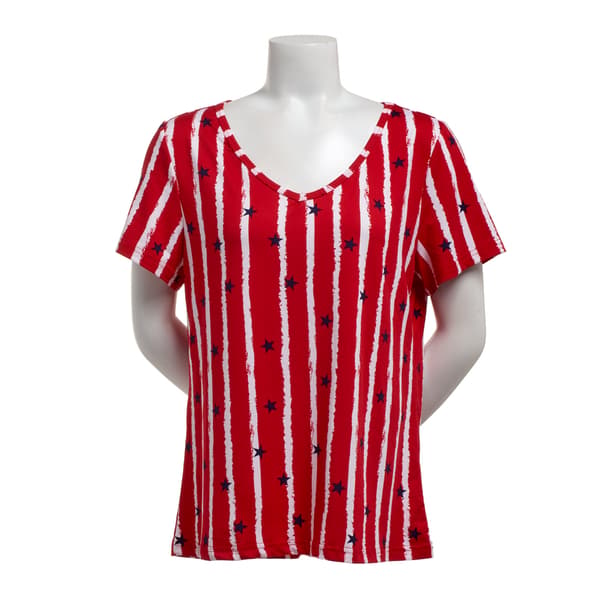 Womens Runway Ready Short Sleeve Stars Stripes V-Neck Tee - image 