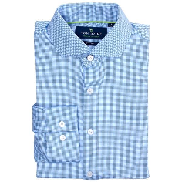 Mens Tom Baine Medium Blue Plaid Fitted Traveler Dress Shirt
