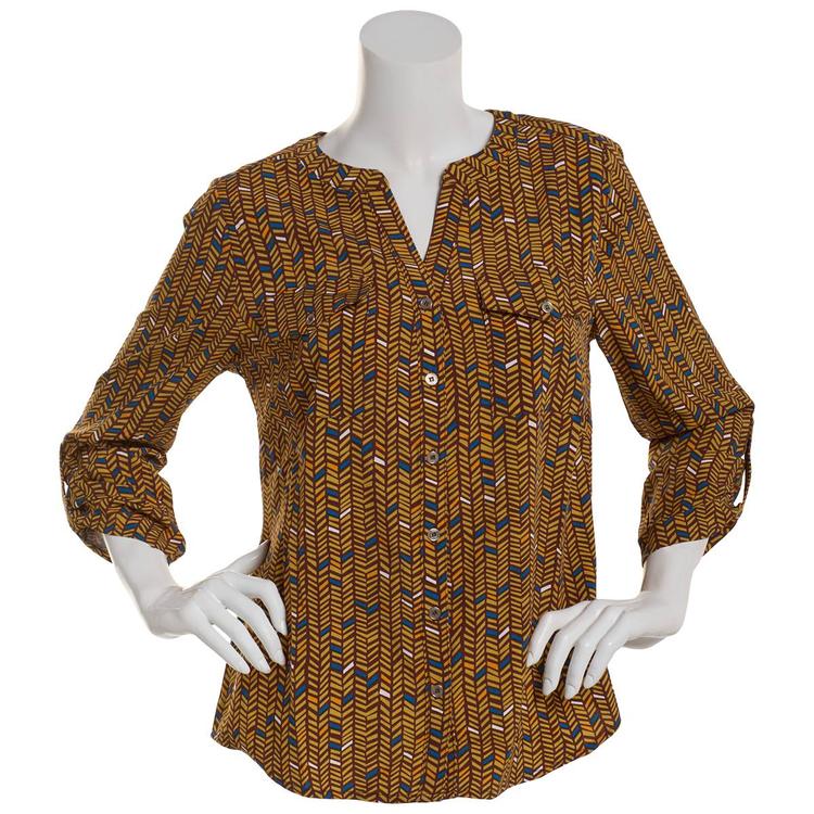 Womens Notations 3/4 Roll Tab Chevron Equipment Blouse