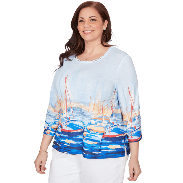 Plus Size Alfred Dunner Port Side 3/4 Sleeve Harbor Scene Blouse
