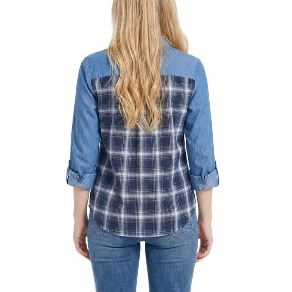 Petite NY Collection Roll Tab Sleeve Denim Plaid Button Down