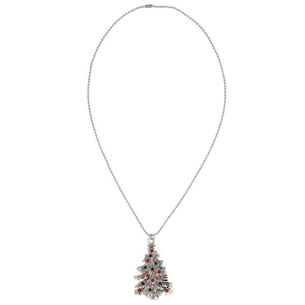 Silver Holiday Tree Long Pendant with Red & Green Accent Stones - image 