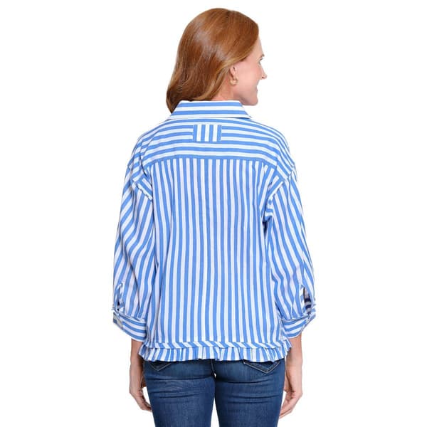 Petite Ali Miles 3/4 Sleeve Button Front Stripe Ruffle Hem Blouse