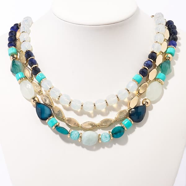 Ashley Cooper(tm) Gold-Tone 3 Row Green/Blue/Metal Bead Necklace - image 