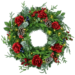 Puleo International 26in. Pre-Lit LED Rose Adorned Wreath
