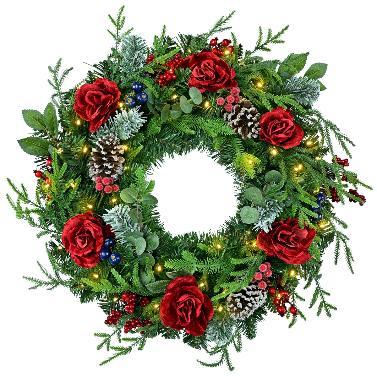 Puleo International 26in. Pre-Lit LED Rose Adorned Wreath