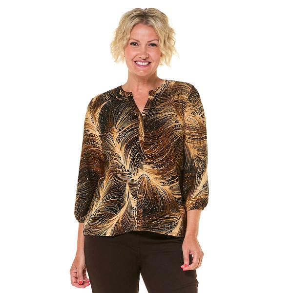 Womens Emily Daniels 3/4 Sleeve Foil Feather Split Neck Blouse - image 