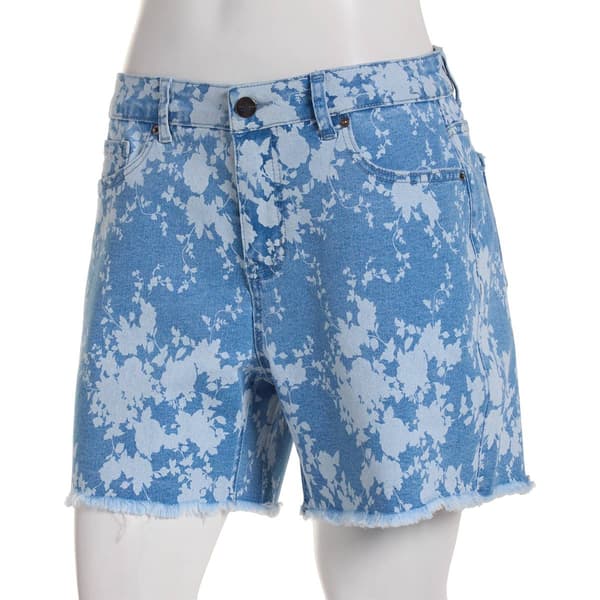 Womens Bleu Denim 5in. Denim Floral Stamp Shorts w/Fray Hem - image 