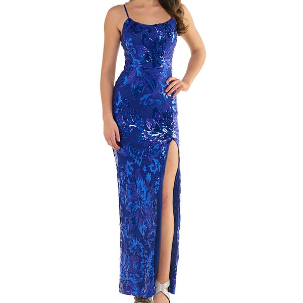 Juniors Crystal Doll Damask Sequin Lace-Up Back Sheath Dress