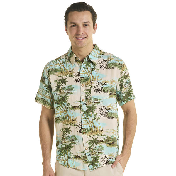Mens Joe Marlin Tropical Palm Island Rayon Button Down Shirt - image 