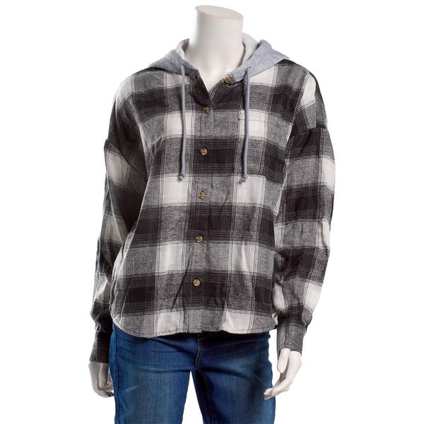 Juniors No Comment Hooded Oversized Plaid Flannel Shirt- Black - image 