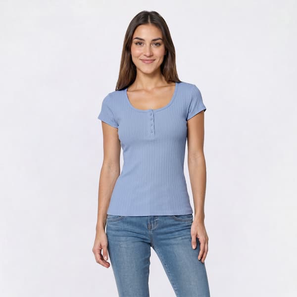 Womens Absolutely Famous Short Sleeve Rib Henley Scoop Neck Tee