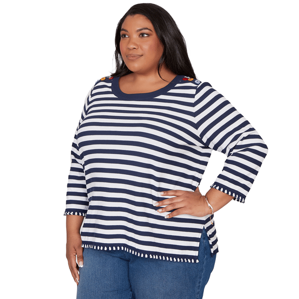 Plus Size Alfred Dunner Port Side 3/4 Sleeve Pique Stripe Sweater