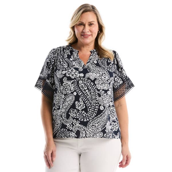 Plus Size Rafaella(R) Flutter Lace Sleeve Split Neck Leisure Paisle