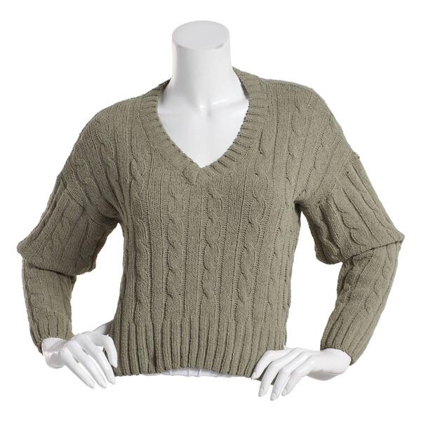 Juniors Poof! Chenille Notched Hem Cable Knit Sweater - image 