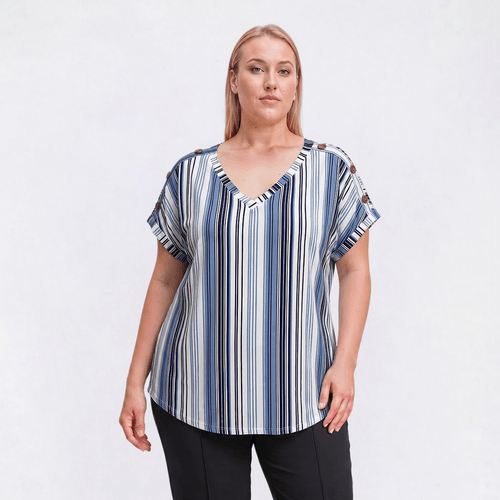 Plus Size Tru Self Short Sleeve Button Shoulder Stripe Tee - image 