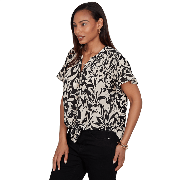 Womens Ruby Rd. Tropical Noir Short Sleeve Floral Tie Hem Blouse
