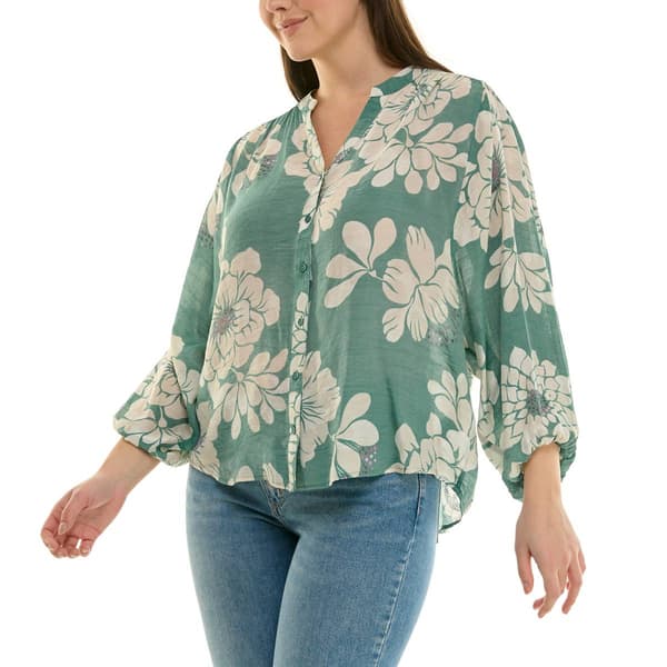 Womens Zac & Rachel 3/4 Sleeve Front Button Floral Blouse