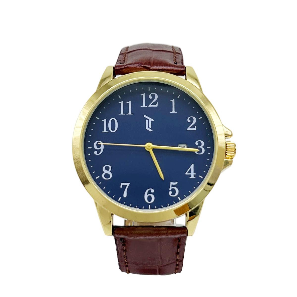 Mens 42mm Gold-Tone Watch with Brown Leather Strap - MWLTBV-04