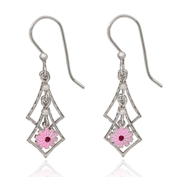 Silver Forest Kite Shaped Cascade Earrings with a Pink Flower - image 