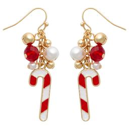 Pearl/Gold Ball/Red Stone Drop Candy Cane Earrings