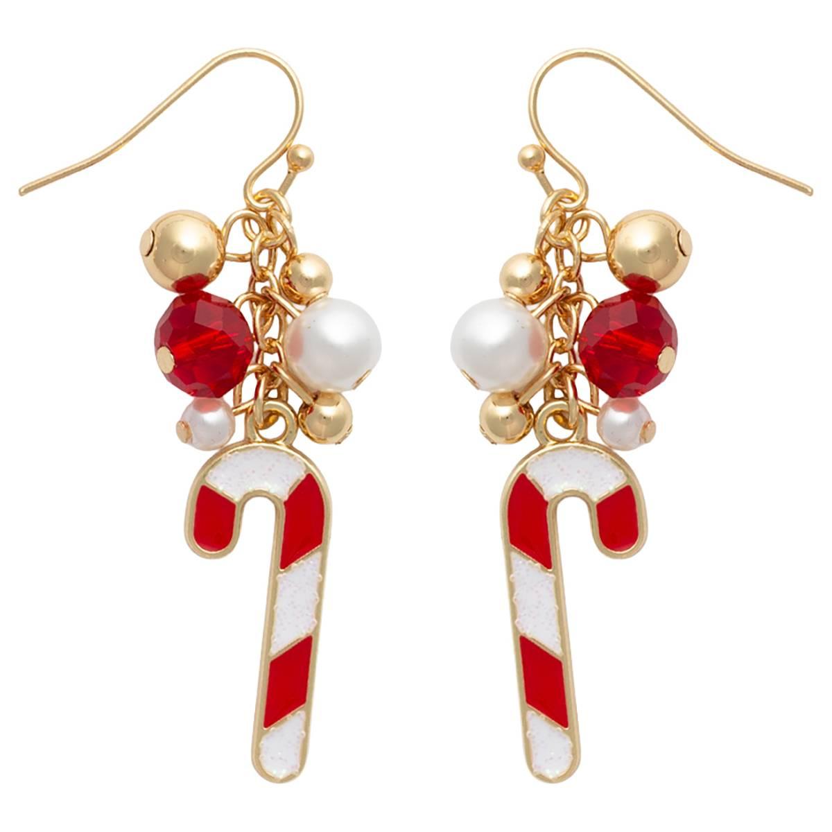 Pearl/Gold Ball/Red Stone Drop Candy Cane Earrings