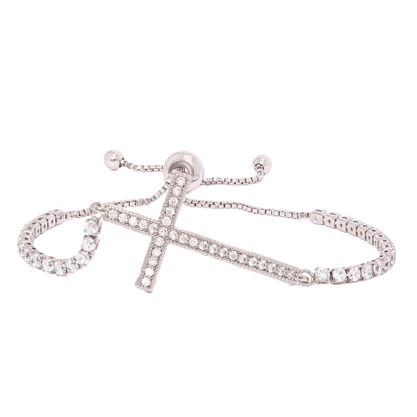 Silver Plated Cubic Zirconia Cross Adjustable Bracelet - image 