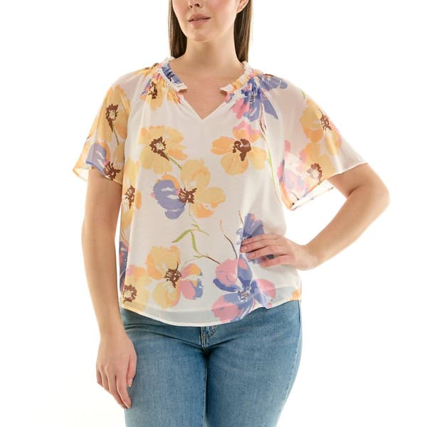 Womens Zac & Rachel Short Sleeve Flutter Floral Chiffon Pull - image 