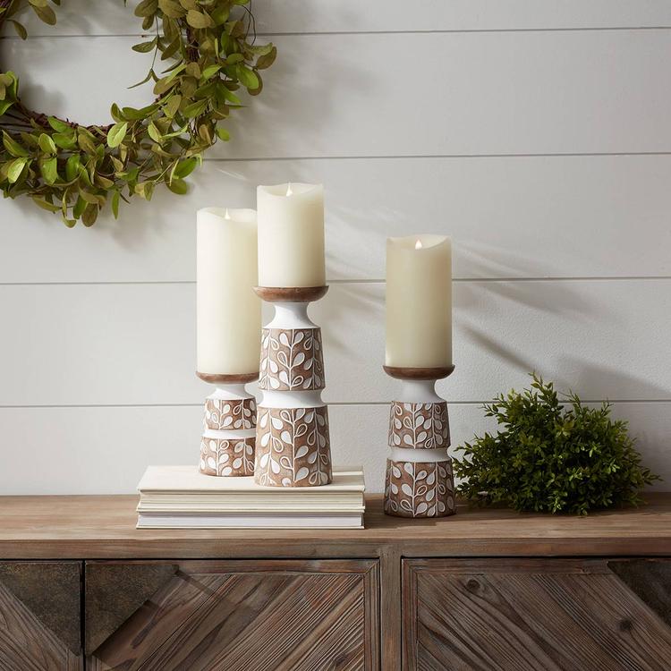 Melrose Wooden Leaf Pattern Candle Holder  - Set of 3